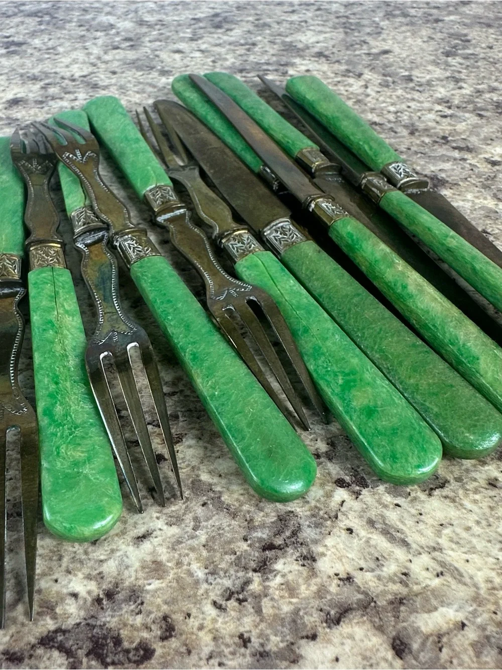 Set of 12 Antique French Vermeil Green Handle Fruit Service Flatware Fork Knife